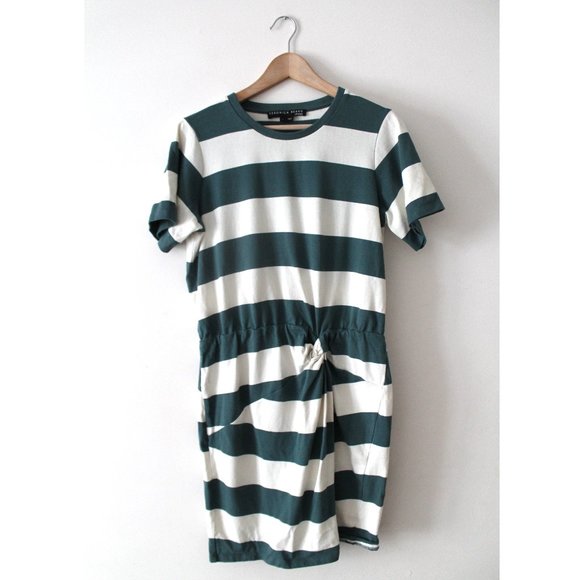 Veronica Beard Tyla Knotted Stripe T-Shirt Dress / Large / Teal Ecru - Picture 5 of 12